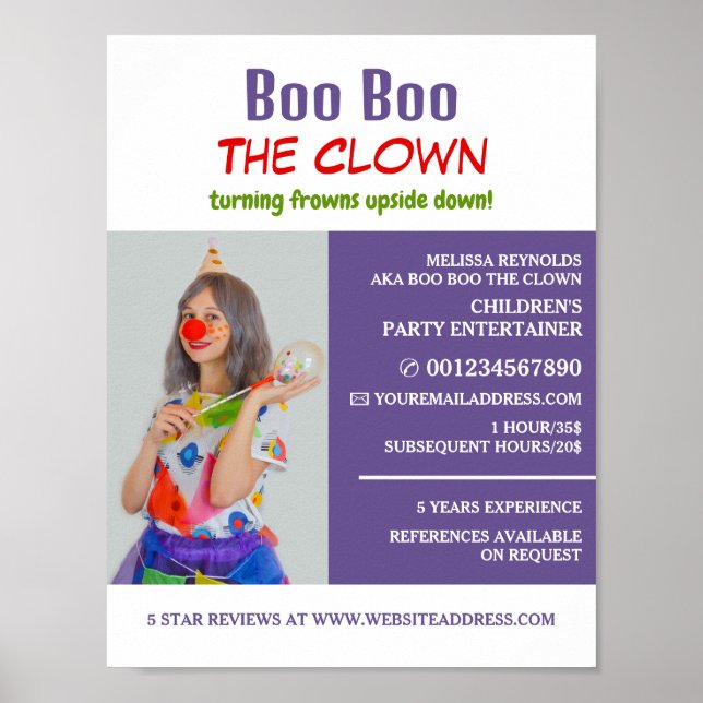 Personalized Photograph, Kids Entertainer, Clown Poster (Front)