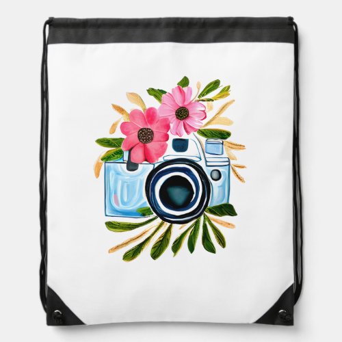 Personalized Photography Vintage Camera Flowers Drawstring Bag