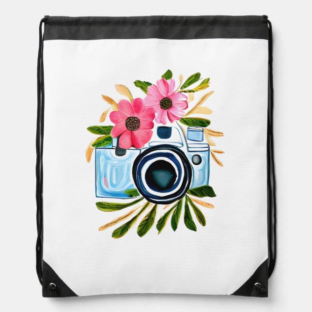 Personalized Photography Vintage Camera Flowers Drawstring Bag (Front)