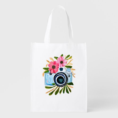 Personalized Photography Vintage Camera Flowers Grocery Bag