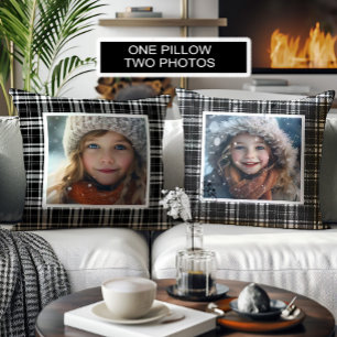 Personalized Photos Buffalo Plaid Black White Throw Pillow