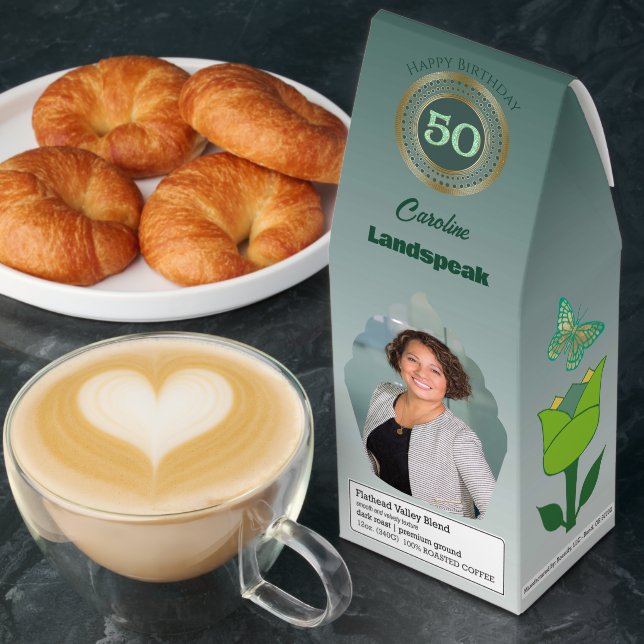 Personalized Photos & Green Glitter 50th Birthday Roasted Coffee (Breakfast)