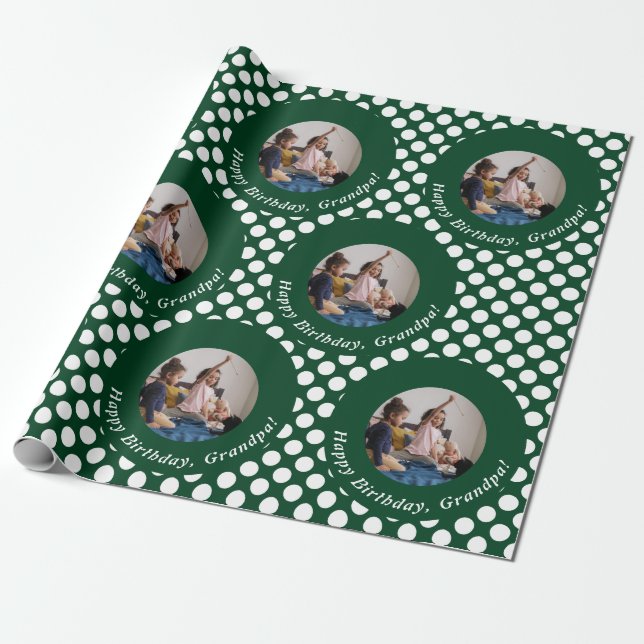 Personalized Photos Green Happy Birthday Grandpa Wrapping Paper (Unrolled)