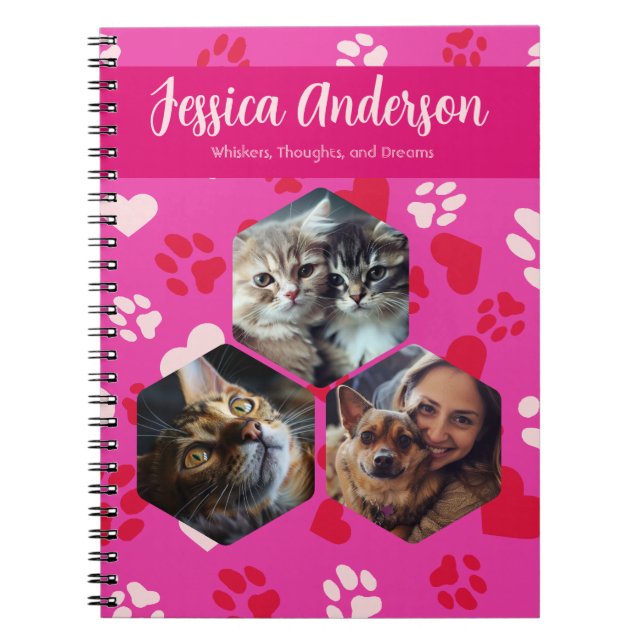 Personalized Photos & Name Paw Prints Pattern Notebook (Front)
