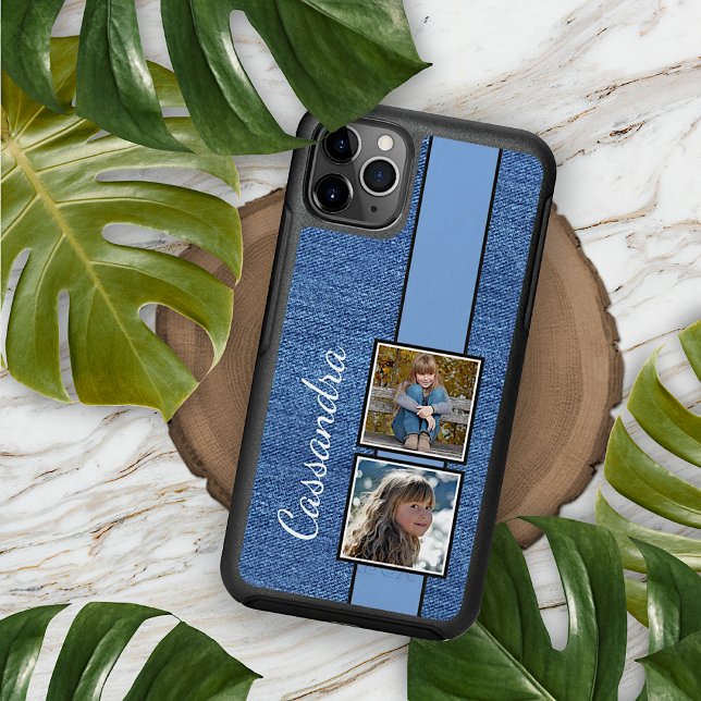 Personalized Photos On Rustic Blue Denim Pattern Otterbox iPhone Case (Creator Uploaded)