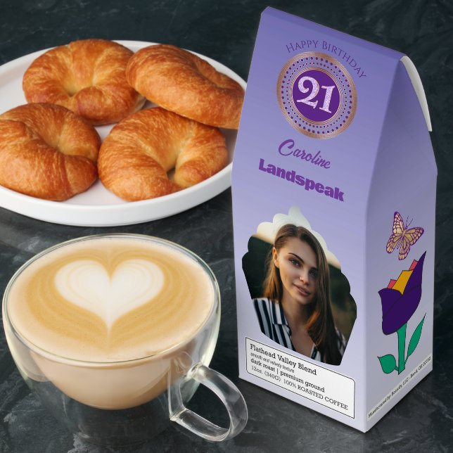 Personalized Photos & Purple Glitter 21st Birthday Roasted Coffee (Breakfast)