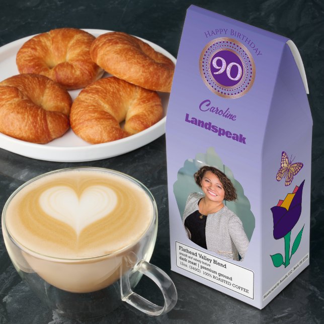 Personalized Photos & Purple Glitter 90th Birthday Roasted Coffee (Breakfast)