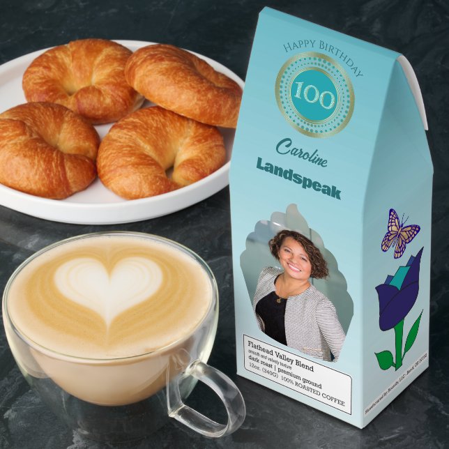 Personalized Photos Teal Blue Glitter 100 Birthday Roasted Coffee (Breakfast)