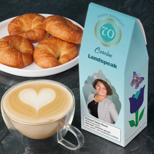 Personalized Photos Teal Blue Glitter 70 Birthday Roasted Coffee (Breakfast)