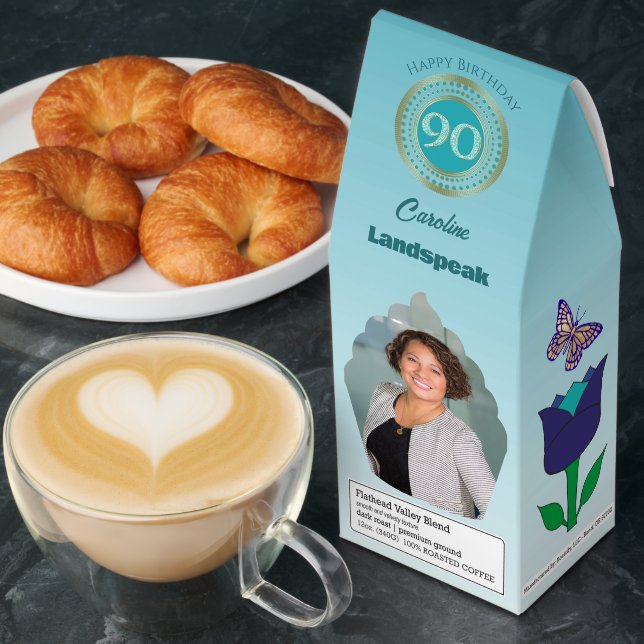 Personalized Photos Teal Blue Glitter 90 Birthday Roasted Coffee (Breakfast)