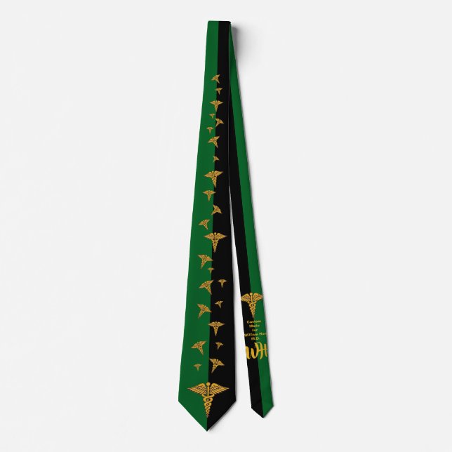 Personalized Physician's Caduceus Green and Black Neck Tie (Front)