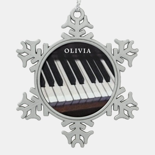 Personalized Piano Holiday Gift Snowflake Pewter Christmas Ornament (Front)