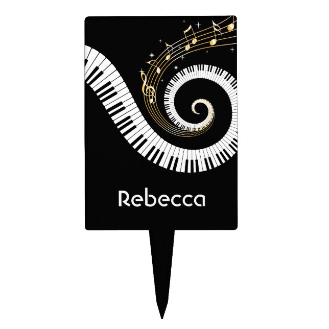 Personalized Piano Keys and Gold Music Notes Cake Topper (Front)