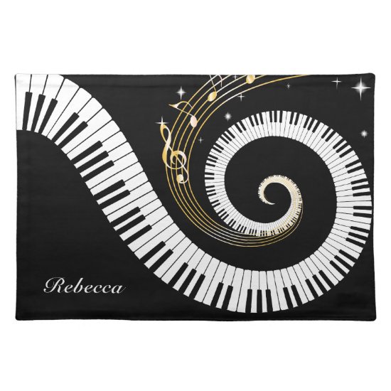 Personalized Piano Keys and Gold Music Notes Cloth Placemat