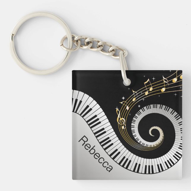 Personalized Piano Keys and Gold Music Notes Keychain (Front)