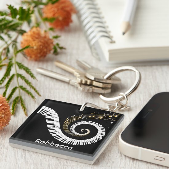Personalized Piano Keys and Gold Music Notes Keychain