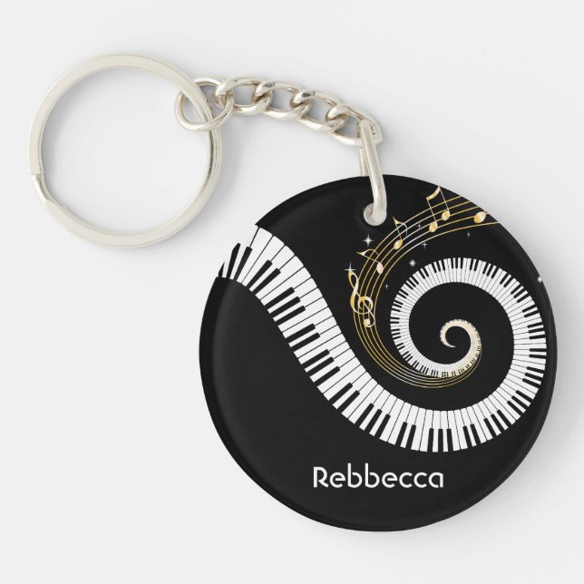 Personalized Piano Keys and Gold Music Notes Keychain (Front)