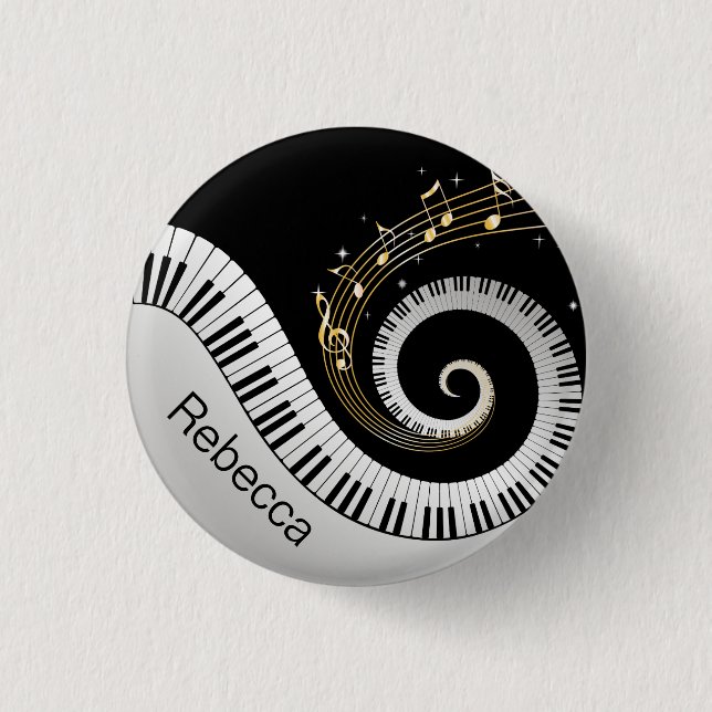 Personalized Piano Keys and Gold Music Notes Pinback Button (Front)