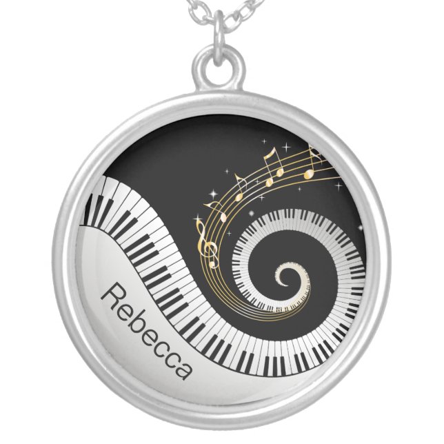 Personalized Piano Keys and Gold Music Notes Silver Plated Necklace (Front)