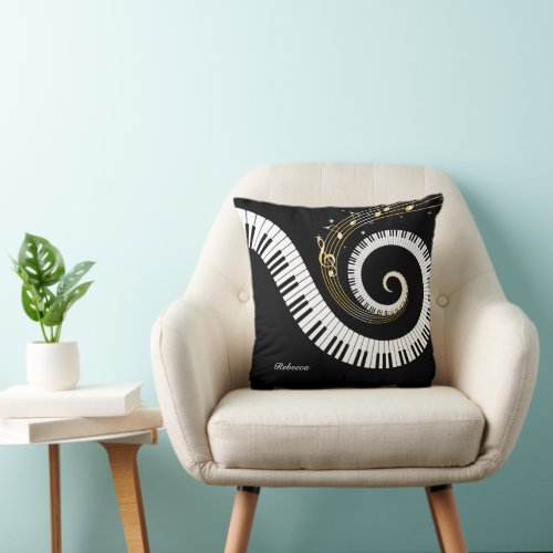 Personalized Piano Keys and Gold Music Notes Throw Pillow