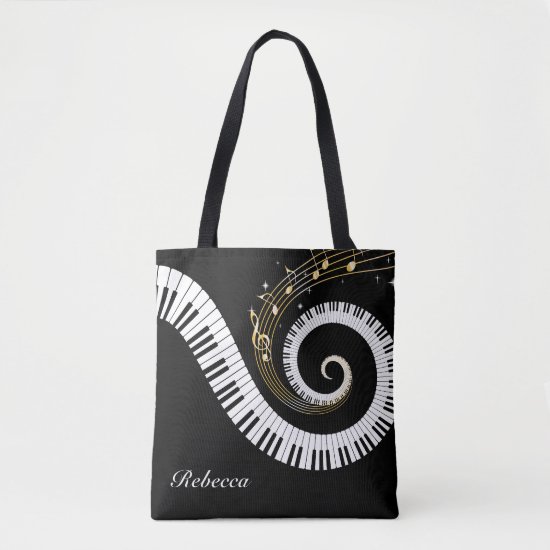 Personalized Piano Keys and Gold Music Notes Tote Bag