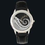 Personalized Piano Keys and Gold Music Notes Watch<br><div class="desc">Personalized musical notes design featuring swirling piano keys with gold musical notes flowing from the centre of the keys on a black and silver gray printed background. This design would make the perfect gift for the piano lover and is available on a collection of gifts and paper products.</div>