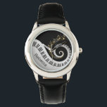 Personalized Piano Keys and Gold Music Notes Watch<br><div class="desc">Personalized musical notes design featuring swirling piano keys with gold musical notes flowing from the centre of the keys on a black and silver gray printed background. This design would make the perfect gift for the piano lover and is available on a collection of gifts and paper products.</div>