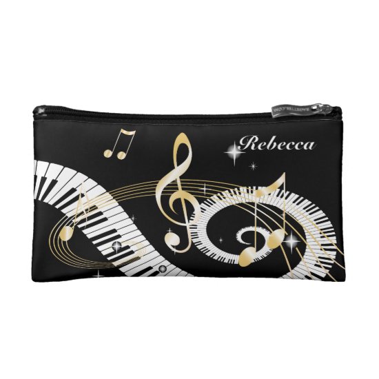 Personalized Piano Keys and Golden Music Notes Cosmetic Bag