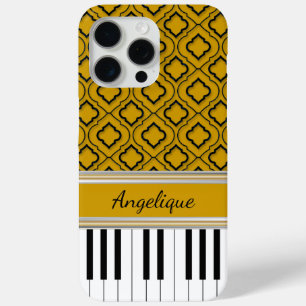 Personalized Piano Keys Black Quatrefoil on Gold iPhone 15 Pro Max Case