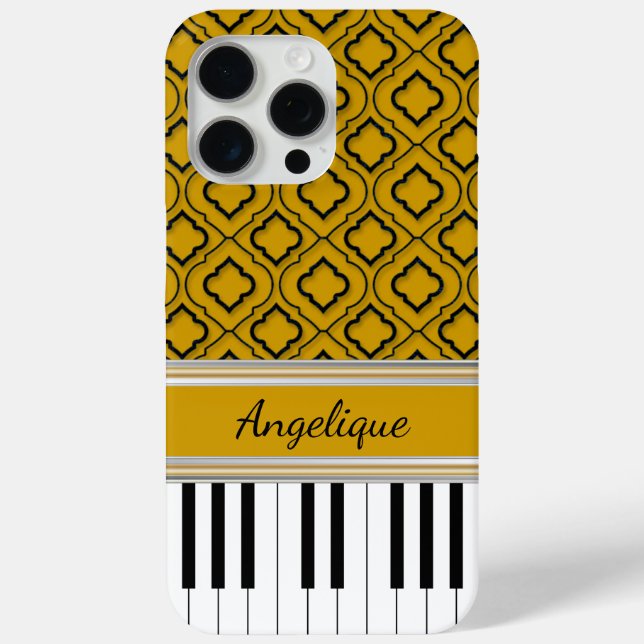 Personalized Piano Keys Black Quatrefoil on Gold Case-Mate iPhone Case (Back)