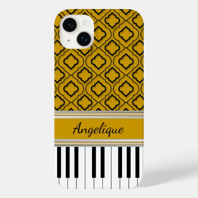 Personalized Piano Keys Black Quatrefoil on Gold Case-Mate iPhone Case (Back)