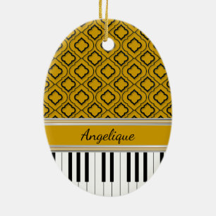 Personalized Piano Keys Black Quatrefoil on Gold Ceramic Ornament