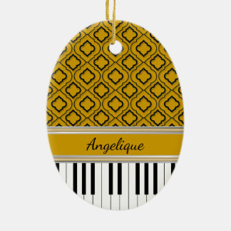 Personalized Piano Keys Black Quatrefoil on Gold Ceramic Ornament