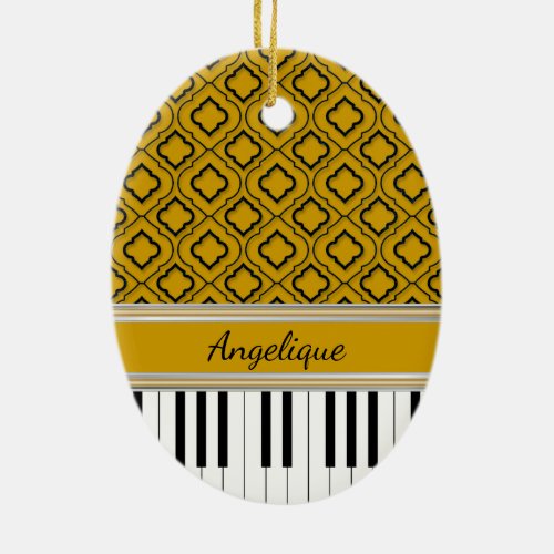 Personalized Piano Keys Black Quatrefoil on Gold Ceramic Ornament