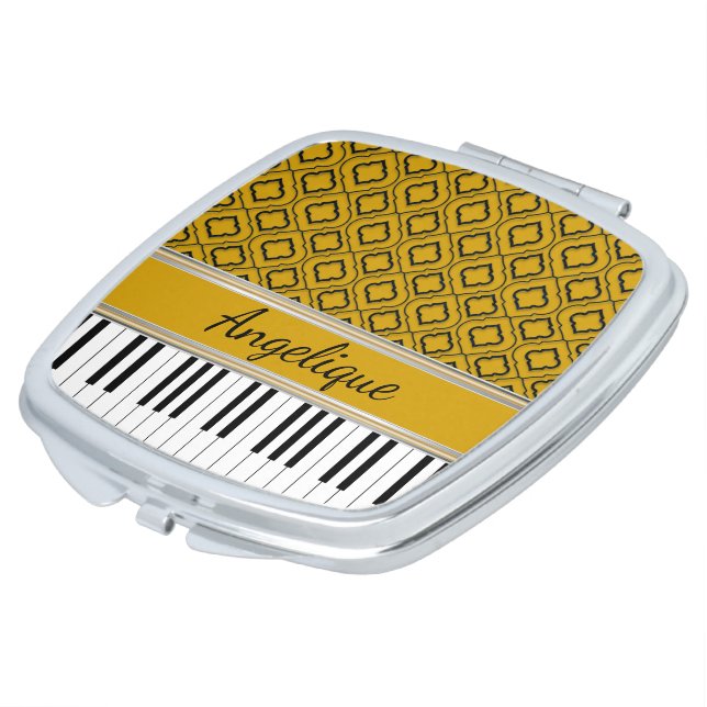 Personalized Piano Keys Black Quatrefoil on Gold Compact Mirror (Turned)
