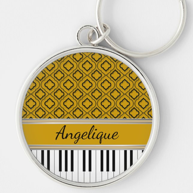 Personalized Piano Keys Black Quatrefoil on Gold Keychain (Front)