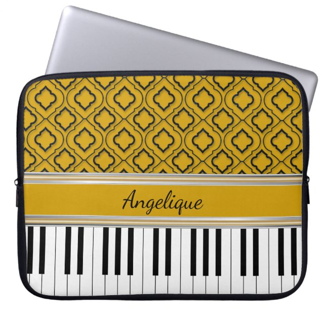 Personalized Piano Keys Black Quatrefoil on Gold Laptop Sleeve (Front)