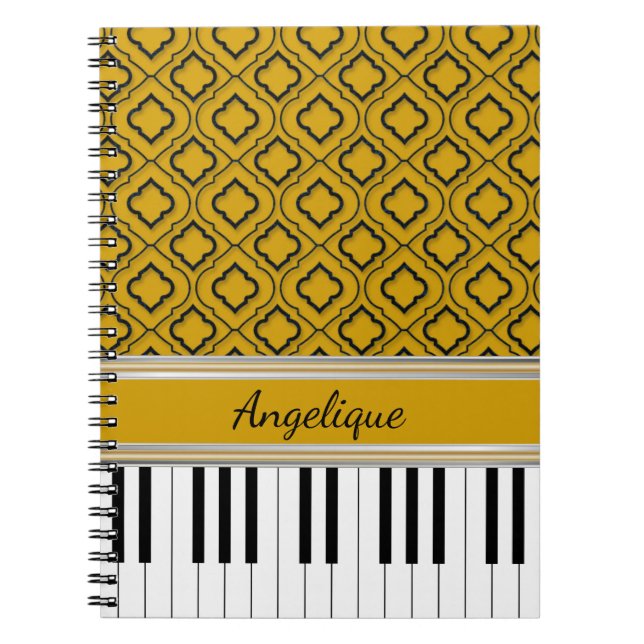Personalized Piano Keys Black Quatrefoil on Gold Notebook (Front)