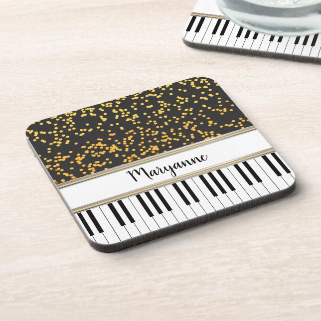 Personalized Piano Keys Gold Polka Dots Pattern Beverage Coaster (Left Side)