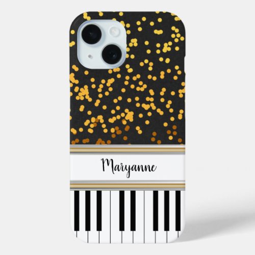 Personalized Piano Keys Gold Polka Dots Pattern iPhone 15 Case