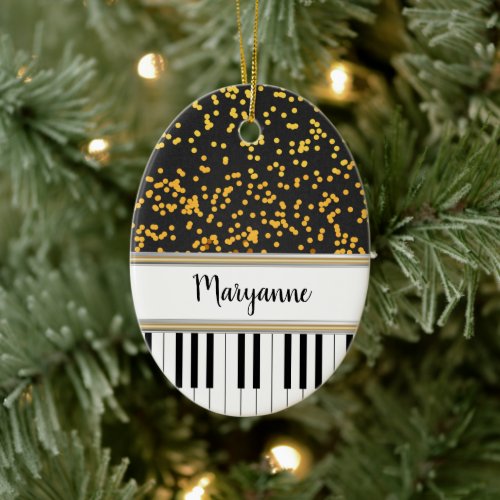 Personalized Piano Keys Gold Polka Dots Pattern Ceramic Ornament