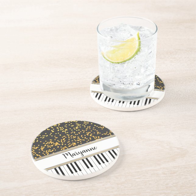 Personalized Piano Keys Gold Polka Dots Pattern Coaster (Side)