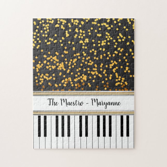 Personalized Piano Keys Gold Polka Dots Pattern Jigsaw Puzzle (Vertical)