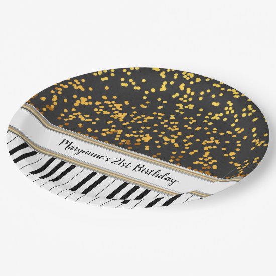 Personalized Piano Keys Gold Polka Dots Pattern Paper Plate
