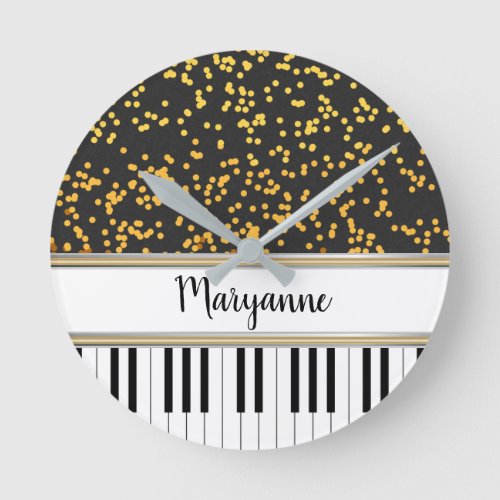 Personalized Piano Keys Gold Polka Dots Pattern Round Clock