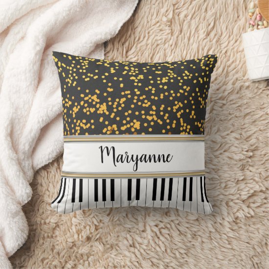 Personalized Piano Keys Gold Polka Dots Pattern Throw Pillow