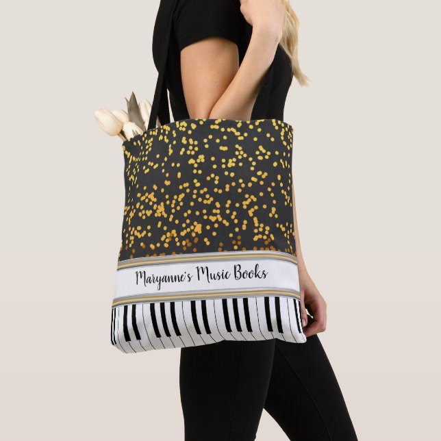 Personalized Piano Keys Gold Polka Dots Pattern Tote Bag (Close Up)