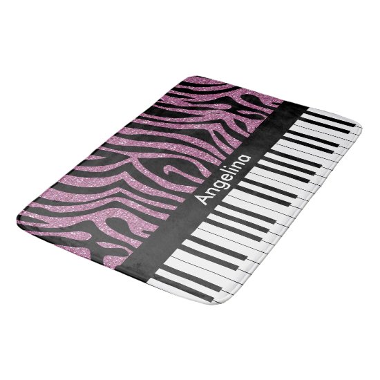 Personalized Piano Keys Pink Glitter Zebra Print Bath Mat