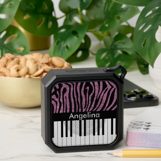Personalized Piano Keys Pink Glitter Zebra Print Bluetooth Speaker