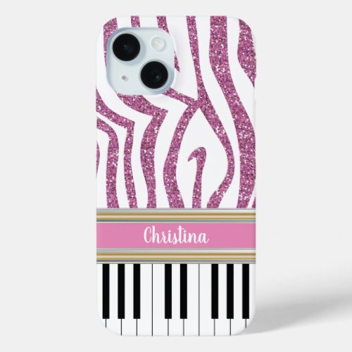 Personalized Piano Keys Pink Glitter Zebra Print iPhone 15 Case